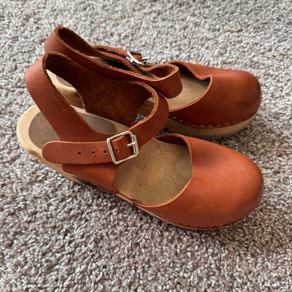 MIA Brown Leather Abba Clogs Size 36 US 6 Luggage Swedish 70’s Hippie Boho - Picture 4 of 11